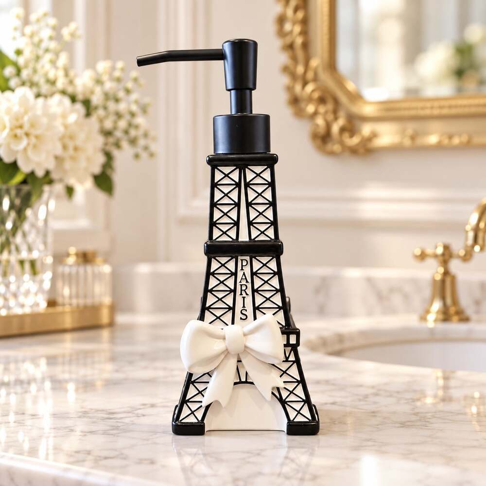 New Black & White Paris Bow French Bathroom Polyresin Liquid Soap Dispenser